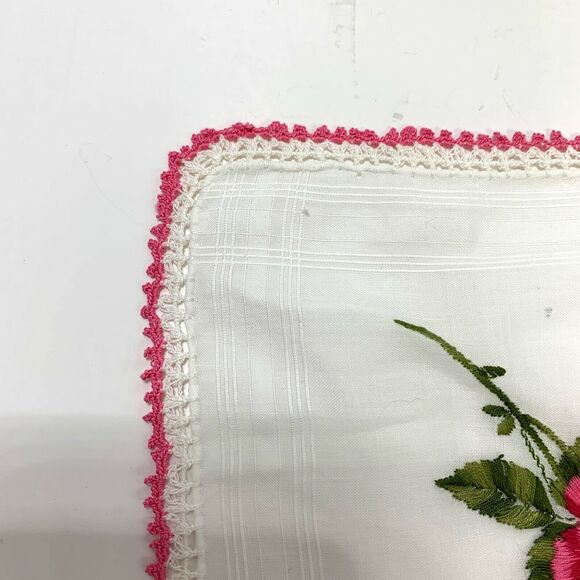 Embroidered Pink Roses Bridesmaid Handkerchief Wedding Cottage Core Granny Vtg - Picture 3 of 3